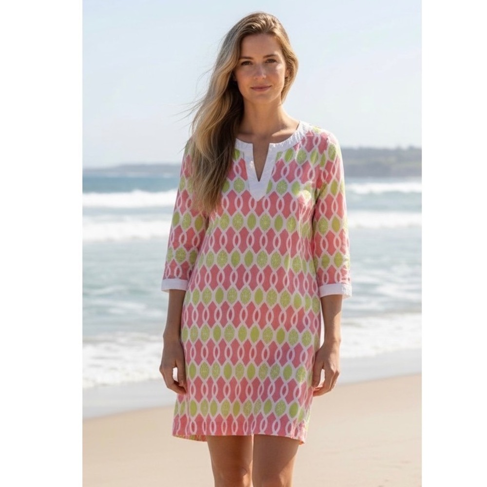 Vineyard Vines Shift Dress Womens 8 Pink Green Citrus Lime Cotton Coastal